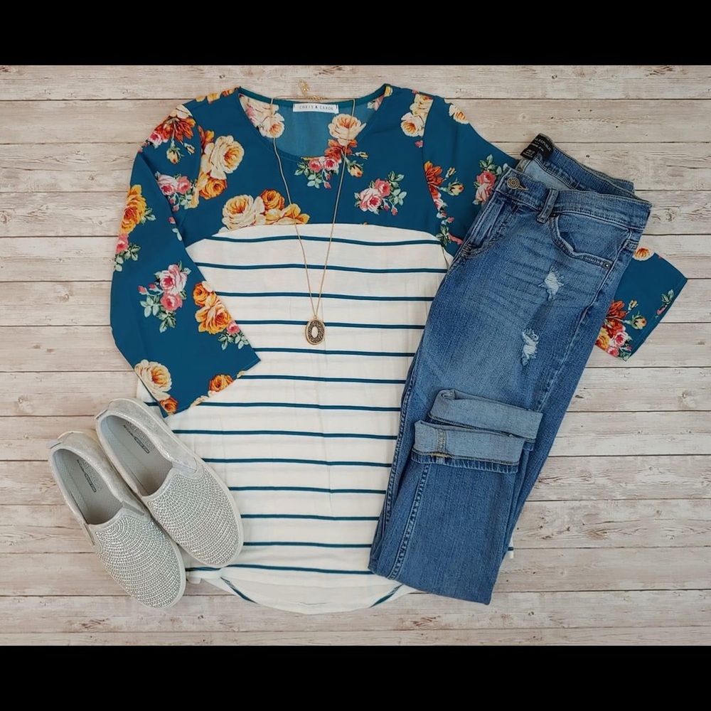 Blue Floral Striped Top